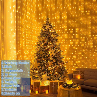 Amzeeniu String Light Curtain 3m X 3m, 300 LED USB String Light Curtain 8 módů s dálkovým ovládáním, 10 háčků, LED Fairy Lights,